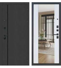 Дверь входная "МеталЮр М10" Черная шагрень/Velluto Bianco,зеркало (правая)  960х2050 мм