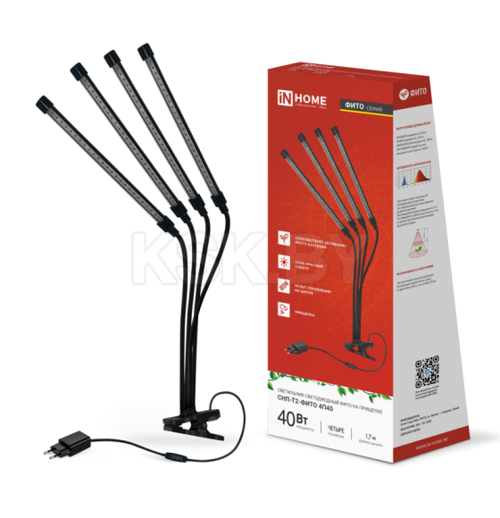 Светильник настольный на прищепке светодиодный СНП-Т2-ФИТО 4П40 красно-синий 40Вт 4 плафона, пульт на шнуре IN HOME (4690612053554) 