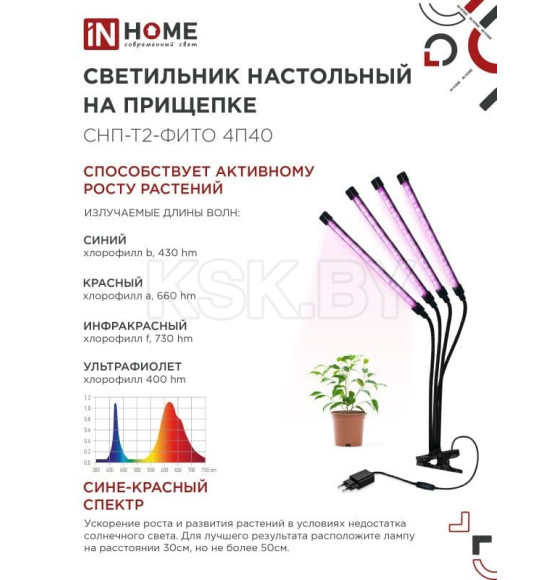 Светильник настольный на прищепке светодиодный СНП-Т2-ФИТО 4П40 красно-синий 40Вт 4 плафона, пульт на шнуре IN HOME (4690612053554) 