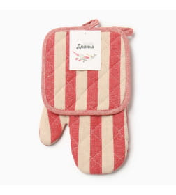 Кухонный набор "Полоса" бежевый/красный (варежка 28х17см, прихватка 17х17 ) 50% п/э 50% хлопок Доляна