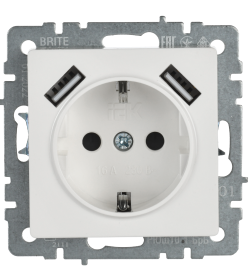 Розетка 1-я с з/к з/ш 16А с USB A+A 5В 2,1А РЮш10-1-БрБ белый IEK BRITE BR-R14-16-U21-D21-K01 
