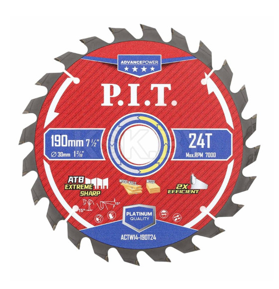 Диск пильный по дереву P.I.T. ADVANCE 190x30x1,4 мм, 24T Carbide, зуб ATB 15° (ACTW14-190T24) 