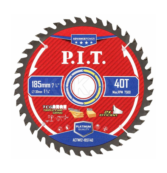Диск пильный по дереву P.I.T. ADVANCE 185x30x2.0 мм, 40T Carbide, зуб TCG 15° (ACTW12-185T40) 