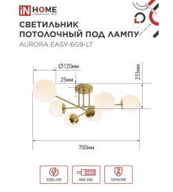 Светильник потолочный под лампу AURORA EASY-6G9-LT 6xG9 матовые плафоны, латунный корпус IN HOME