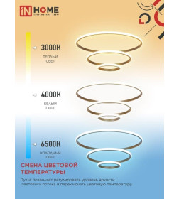 Светильник светодиодный ESTETIKA RING-140RC-3GL 140Вт 230В 3000-6500K 600/400/200 1.2м трос пульт ДУ золото IN HOME