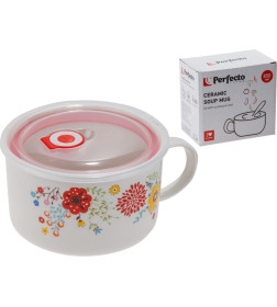 Кружка для супа с крышкой с паровыпуском, 850 мл, керамическая, FLOWERS-2, PERFECTO LINEA