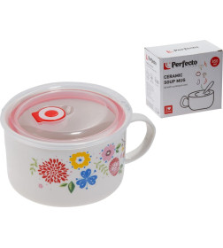 Кружка для супа с крышкой с паровыпуском, 850 мл, керамическая, FLOWERS-1, PERFECTO LINEA