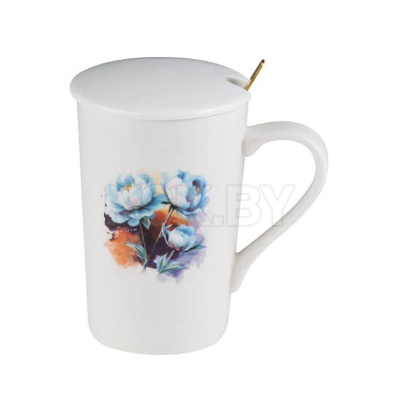 Кружка керамическая с крышкой и ложкой, 350 мл., PEONY, PERFECTO LINEA (17-350703) 