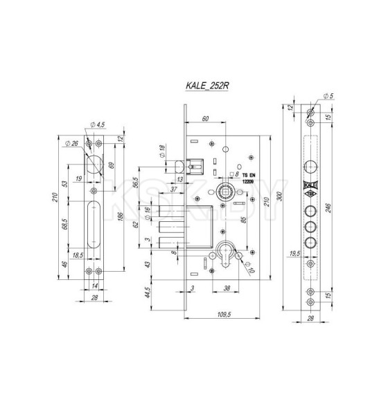 Замок врезной с защелкой KALE KILIT 252R (1121) 
