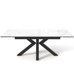 Стол обеденный "Кентукки" 1400(2000) (ст. №2 / Керамика Белый мрамор 9806035 / МДФ черный кварц / черная / Металл черный)