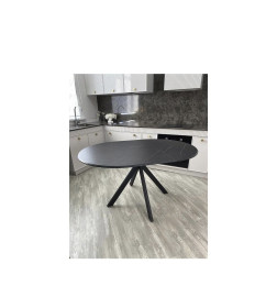 Стол обеденный "Москва" d 1000(вставка 400, БАБОЧКА) (ст. круг) / МДФ в плёнке МРАМОР ЧЕРНЫЙ SSK460/рама черное / Металл черный)
