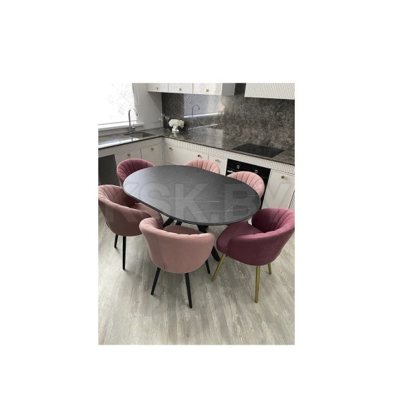 Стол обеденный "Москва" d 1000(вставка 400, БАБОЧКА) (ст. круг) / МДФ в плёнке МРАМОР ЧЕРНЫЙ SSK460/рама черное / Металл черный)