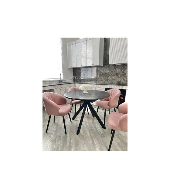 Стол обеденный "Москва" d 1000(вставка 400, БАБОЧКА) (ст. круг) / МДФ в плёнке МРАМОР ЧЕРНЫЙ SSK460/рама черное / Металл черный)