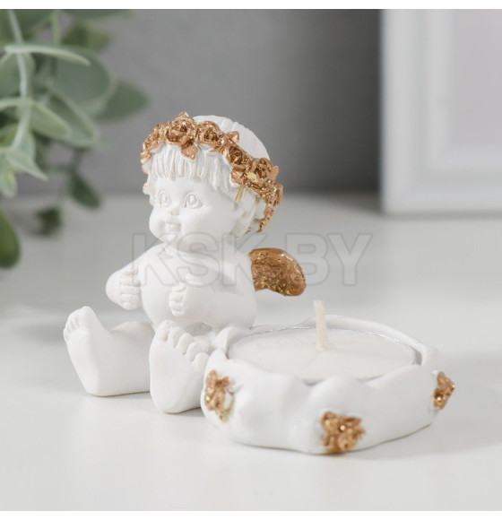 Подсвечник полистоун "Ангелочек с сердцем, в золотом венке" FA235-75 6х5,3х8 см (9759444) 