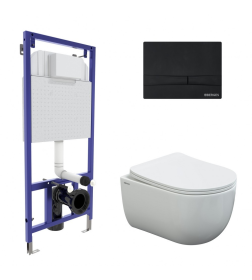 Комплект Berges: инсталляция Visam Slim 525 кнопка F5 Soft Touch черная, унитаз VENTAS Rimless 49 см, дюропласт Ventas Slim SO