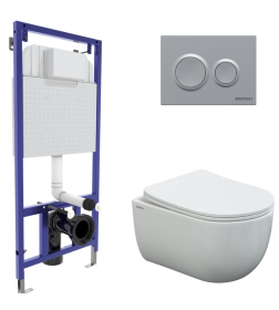 Комплект Berges: инсталляция Visam Slim 525 кнопка О2 матовый хром, унитаз VENTAS Rimless, сиденье дюропласт Ventas Slim SO