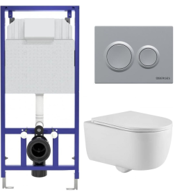 Комплект BERGES EX-043414: инсталляция Visam Slim 525 с кнопкой О2 хром матовый, унитаз Tornas Rimless 53 см, сиденье Tornas