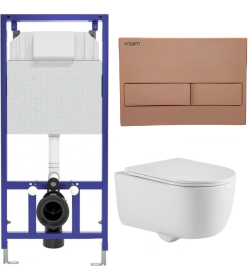 Комплект BERGES EX-043412: инсталляция Visam Slim 525 с кнопкой L11 бронза матовый, унитаз Tornas Rimless 53 см, сиденье Tornas