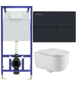 Комплект BERGES EX-043410: инсталляция Visam Slim 525 с кнопкой L5 Soft Touch черная, унитаз Tornas Rimless 53 см, сиденье Tornas
