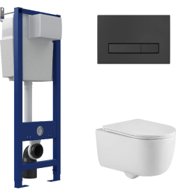 Комплект BERGES АТ-043329: инсталляция АТОМ 410 для скрытого монтажа унитаза с кнопкой ATOM Line, Soft Touch черная, унитаз Tornas