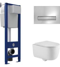 Комплект BERGES АТ-043330: инсталляция АТОМ 410 для скрытого монтажа унитаза с кнопкой ATOM Line, хром глянец, унитаз Tornas