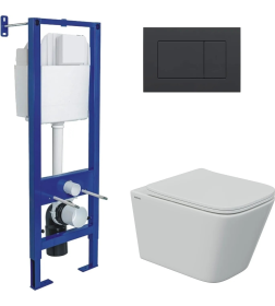 Комплект BERGES AT-043336: инсталляция АТОМ 410 кнопка чёрная Soft Touch, унитаз FLOE S Rimless 51 см, сидение Floe S Slim SO
