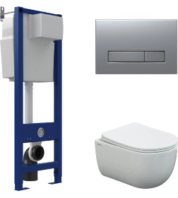 Комплект BERGES AT-043341: инсталляция ATOM 410 кнопка Atom Line хром матовый, унитаз VENTAS Rimless 49 см, сиденье Ventas Slim SO