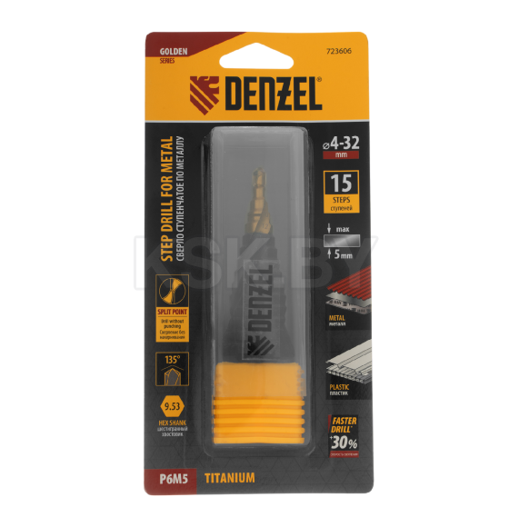 Сверло ступенчатое 4-6-8-10-12-14-16-18-20-22-24-26-28-30-32 мм Р6М5 6-гр. хвостовик Denzel (723606) 