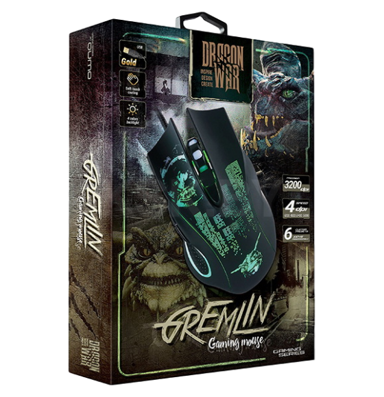 Мышь проводная Qumo  Gremlin M37, проводная, оптическая, 6 кноп., подсв. 4 цв., 1200/1600/2400/3200 dpi, программируемая (Q23459) 