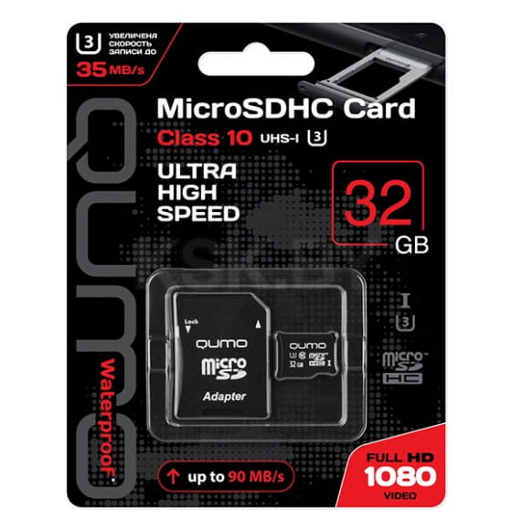 Карта памяти QUMO MicroSDHC 32GB Сlass 10 UHS-I U3 ,3.0 с адаптером SD, черно-красная картонная упаковка (QM32GMICSDHC10U3) (Q33039) 
