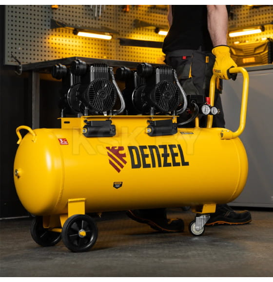 Компрессор безмасл. малошумный DLP-3000/100 3 кВт 2х15 кВт100 л 2850 об/мин500 л/мин Denzel (58145) 