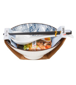 Миска керамическая с ложкой и палочками для еды, серия RAMEN, wave, PERFECTO LINEA