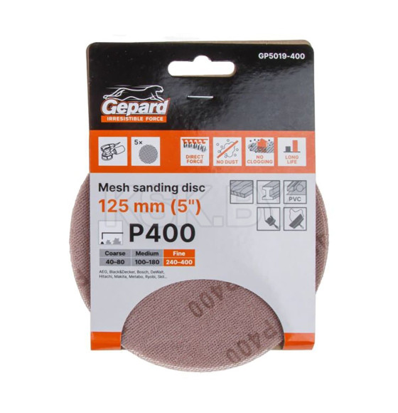 Шлифлист 125мм круг Р400 сетка, самосцепл. 5шт. GEPARD (GP5019-400) 