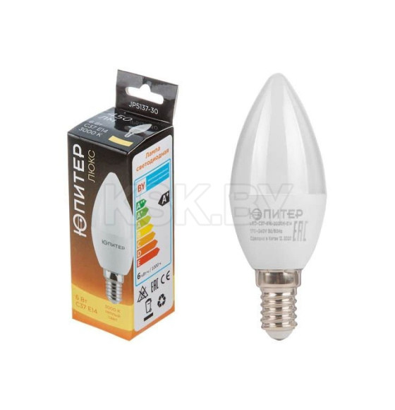 Лампа светодиод. свеча E14 6W 220в. 3000K C37 ЮПИТЕР ЛЮКС (JP5137-30) 