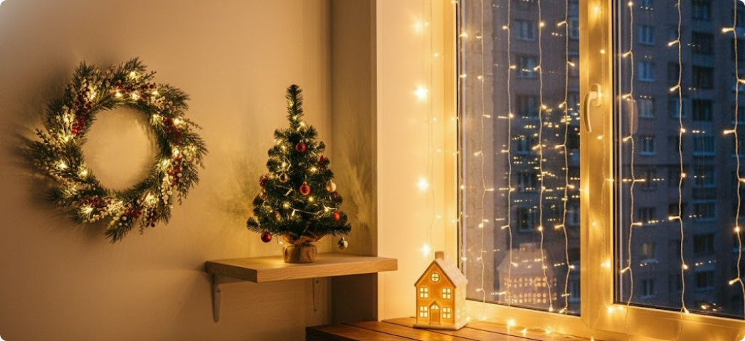 Новогодняя иллюстрация из мини-ёлки, домика и венка