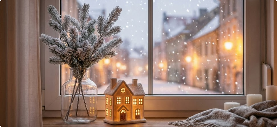 Новогодняя композиция на подоконнике из веточек и фигурок домика