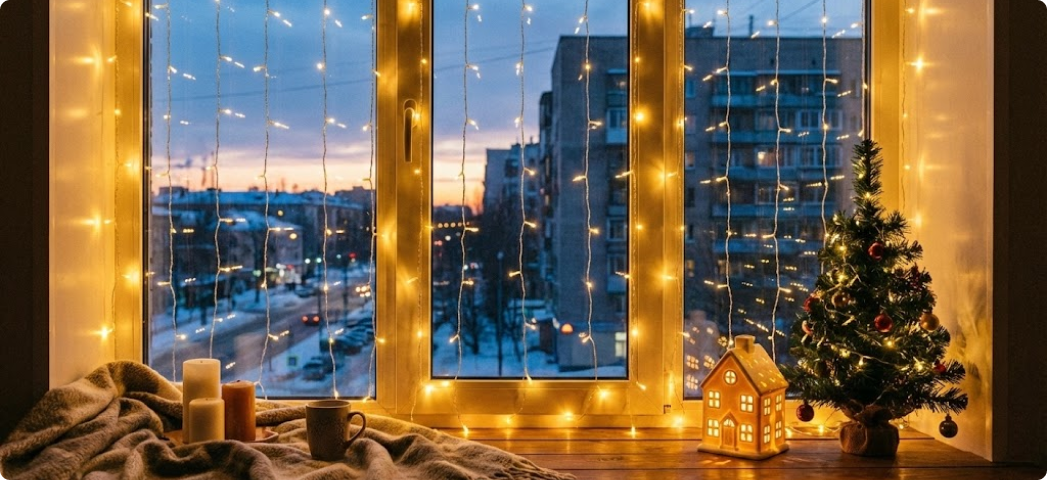 Окно с гирляндой-занавесом и новогодними товарами на подоконнике