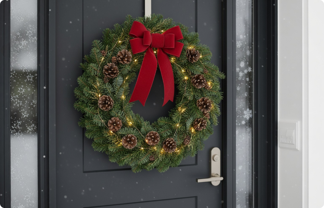 Готовый рождественский венок на входной двери