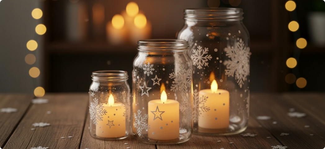 Расписанные стеклянные банки со светодиодными свечами