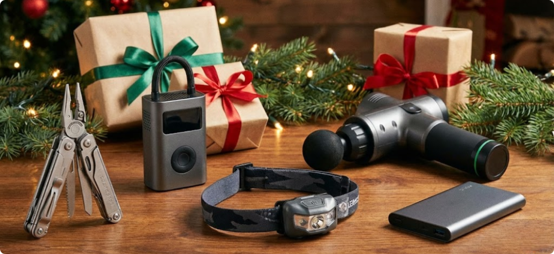 Идеи практичных подарков: мультитул, портативный компрессор, налобный фонарь, массажер, повербанк