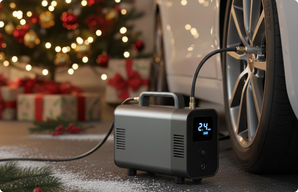 Портативный автомобильный компрессор в действии