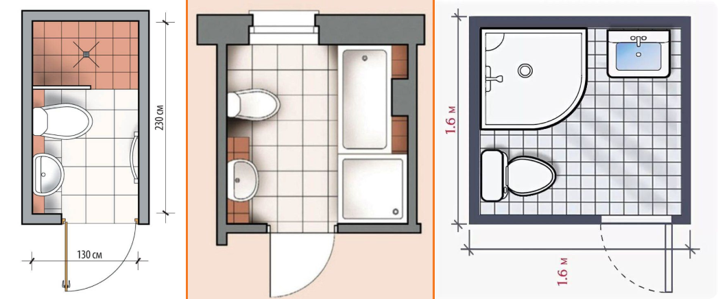 План ванной комнаты с вариантами размещения душевой кабины, уголка или ванной