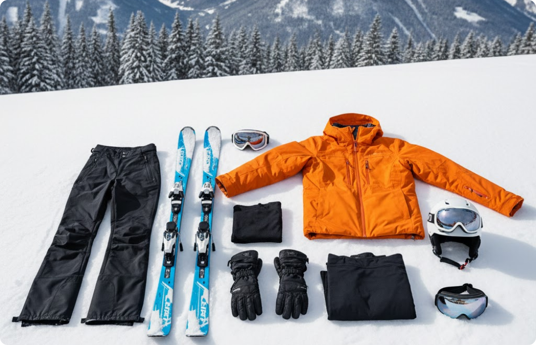 Набор снаряжения для катания на лыжах новичку