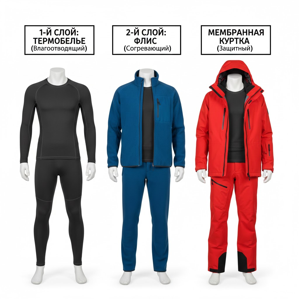 Трёхслойная схема одежды для активного катания на лыжах и сноуборде